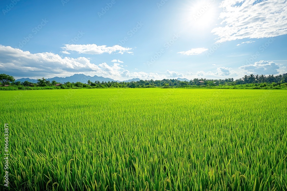 A lush rice paddy field with neat, under a bright, sunny sky, green rows stretching into the horizon , ai A lush rice paddy field with neat, under a bright, sunny sky, green rows stretching into the horizon , ai