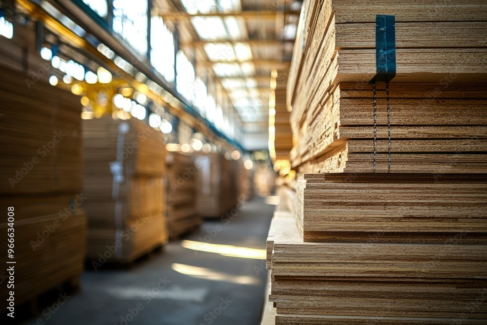 Obraz premium Stacked Plywood Sheets in a Factory Setting