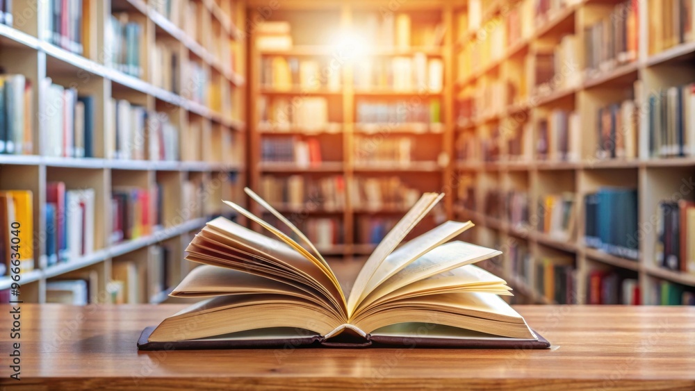 Close-up image of an open book with a library bookshelf in the background, knowledge, education, learning, literature Close-up image of an open book with a library bookshelf in the background, knowledge, education, learning, literature