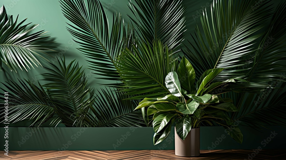 Lush Green Tropical Plants in a Pot Against a Teal Wall Lush Green Tropical Plants in a Pot Against a Teal Wall