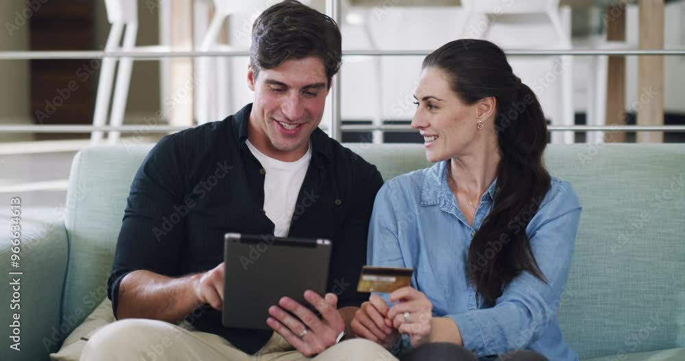 Happy couple, tablet and credit card for internet, e commerce or digital banking in home. Man, woman and satisfied with service, mobile app and website for online purchase, payment and connection Happy couple, tablet and credit card for internet, e commerce or digital banking in home. Man, woman and satisfied with service, mobile app and website for online purchase, payment and connection