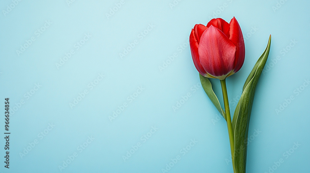 A red tulip on a light blue background A red tulip on a light blue background