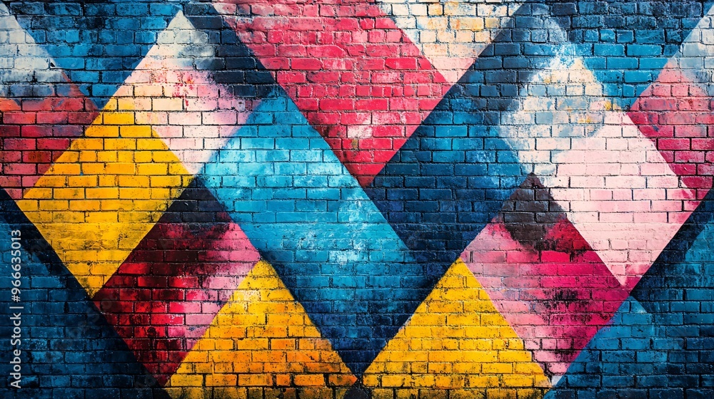 Vibrant geometric mural with colorful shapes and patterns painted on a brick wall, featuring dynamic lines and bold colors for visual impact.
Vibrant geometric mural with colorful shapes and patterns painted on a brick wall, featuring dynamic lines and bold colors for visual impact.