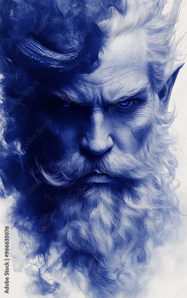 A close-up portrait of a man with a long white beard and blue eyes, his face is half-shadowed and half-lit, giving him an ominous and mysterious appearance. A close-up portrait of a man with a long white beard and blue eyes, his face is half-shadowed and half-lit, giving him an ominous and mysterious appearance.