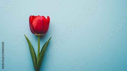 A red tulip on a light blue background