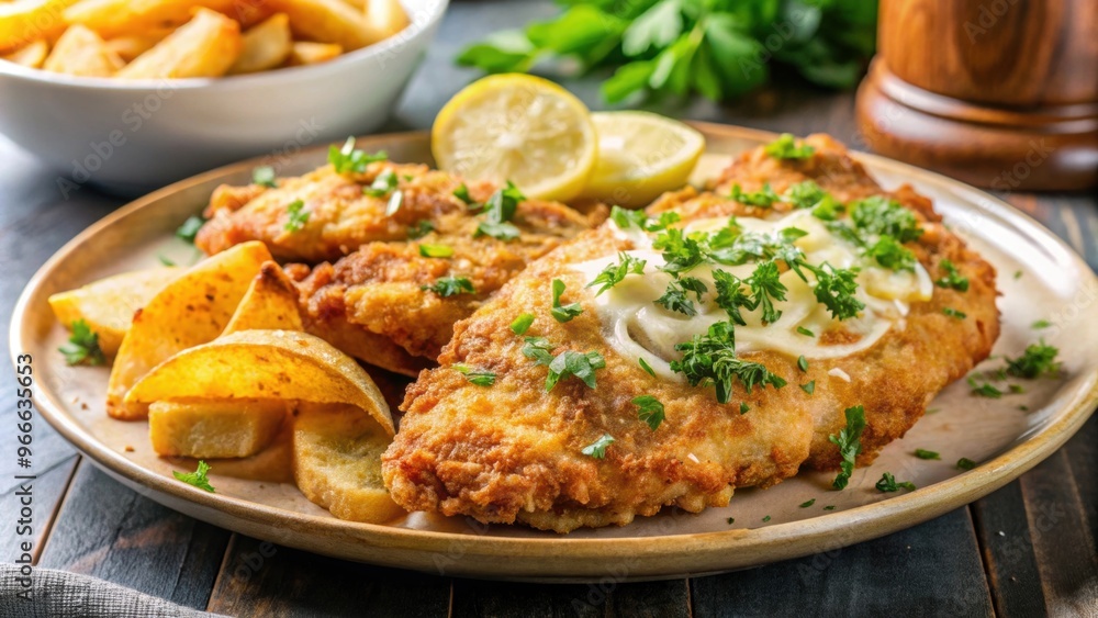 Close-up of delicious parmegiana chicken with crispy potato chips, food, meal, plate, chicken, parmegiana Close-up of delicious parmegiana chicken with crispy potato chips, food, meal, plate, chicken, parmegiana