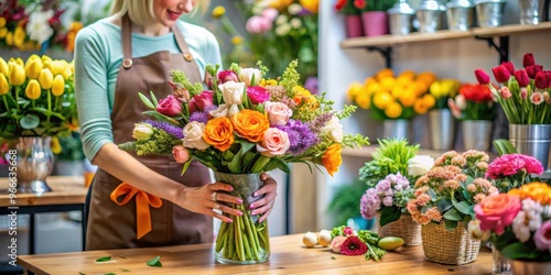Florist arranging a colorful bouquet of fresh cut flowers with various tools and accessories, floristry