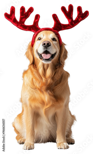 PNG Golden retriever dog dog wearing a red deer antlers headband on head christmas costume pet. photo