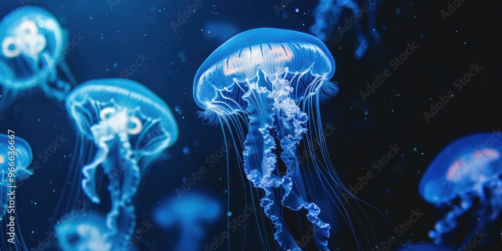 Close Up of Enchanting Glowing Blue Jellyfish in the Dark Depths of the Ocean Close Up of Enchanting Glowing Blue Jellyfish in the Dark Depths of the Ocean