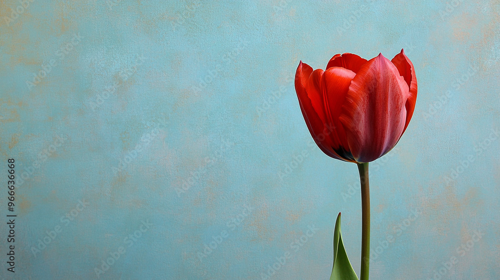 A red tulip on a light blue background A red tulip on a light blue background