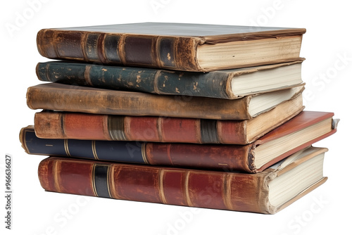 A large stack of vintage hardcover books with worn covers, various textures, and colors isolated on white background.