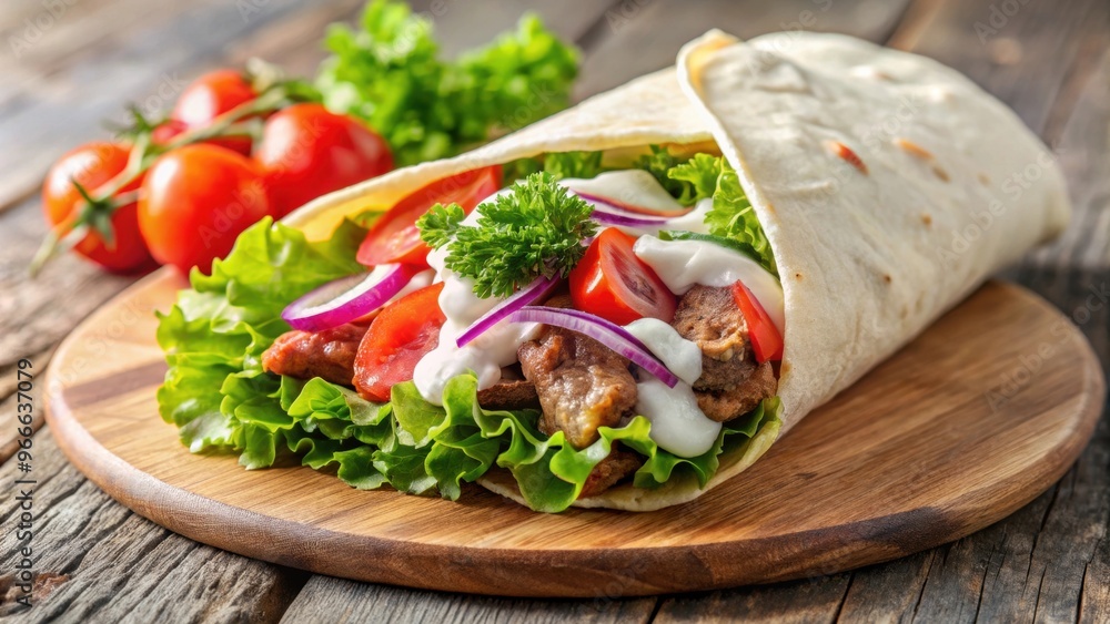 D?r?m D?ner on-the-go A delicious Turkish street food wrap filled with seasoned meat, fresh vegetables, and creamy sauce D?r?m D?ner on-the-go A delicious Turkish street food wrap filled with seasoned meat, fresh vegetables, and creamy sauce