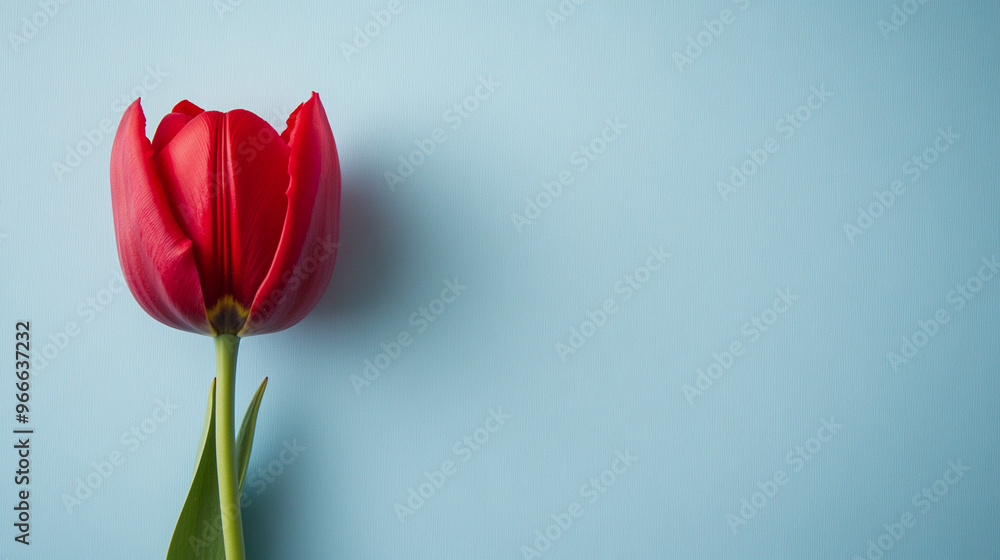A red tulip on a light blue background A red tulip on a light blue background