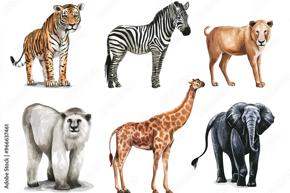 Naklejka premium A collection of six illustrated animals including a tiger, zebra, lion, polar bear, giraffe, and elephant.