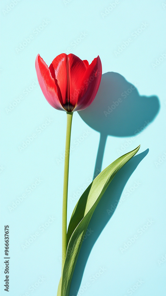 A red tulip on a light blue background A red tulip on a light blue background