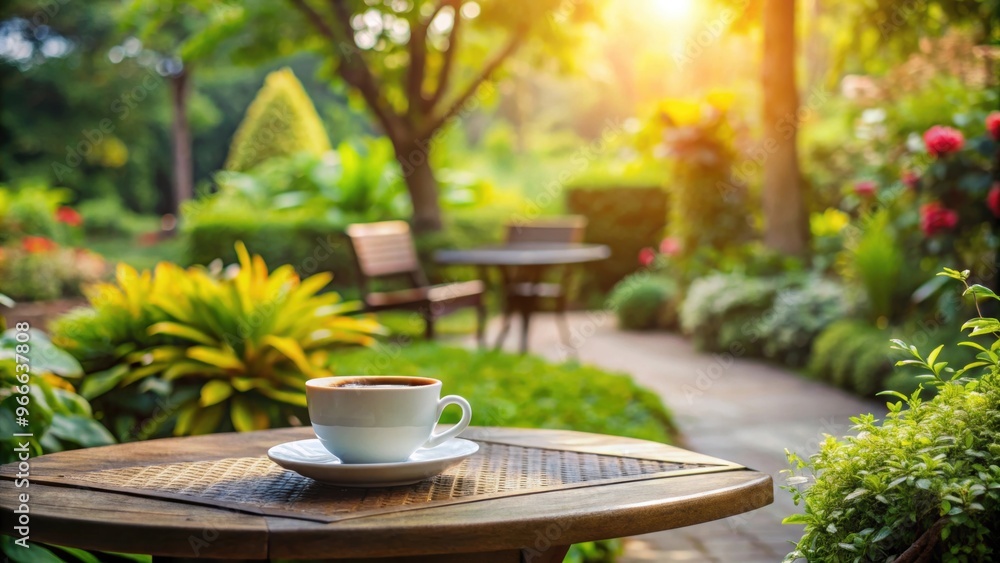 A cozy set up for enjoying coffee in a serene garden setting, coffee, garden, relaxation, outdoor, plants, nature, morning A cozy set up for enjoying coffee in a serene garden setting, coffee, garden, relaxation, outdoor, plants, nature, morning