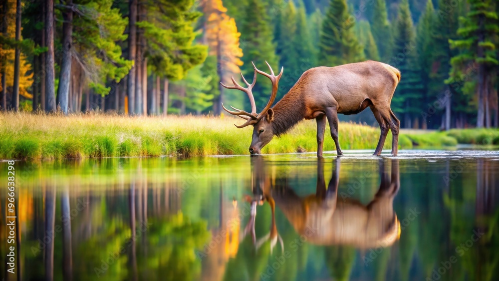Wapiti deer in the woods grazing peacefully near a tranquil water source, wapiti, deer, woods, searching, food, relaxing Wapiti deer in the woods grazing peacefully near a tranquil water source, wapiti, deer, woods, searching, food, relaxing