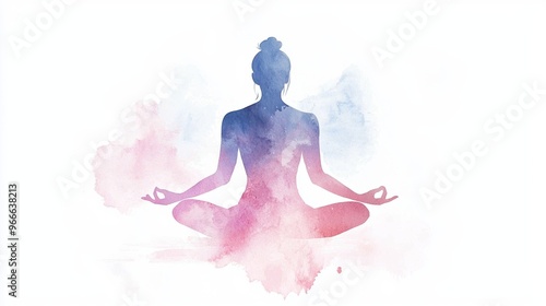 A serene silhouette of a person meditating, surrounded by gentle watercolor splashes, symbolizing peace and mindfulness.