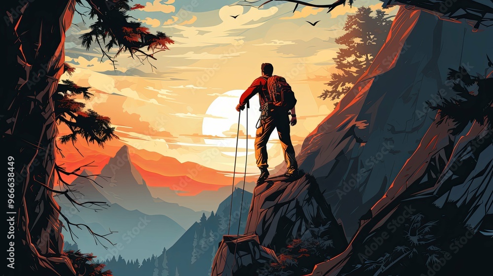 A Hiker Standing on a Clifftop Overlooking a Sunset-lit Mountain Range A Hiker Standing on a Clifftop Overlooking a Sunset-lit Mountain Range