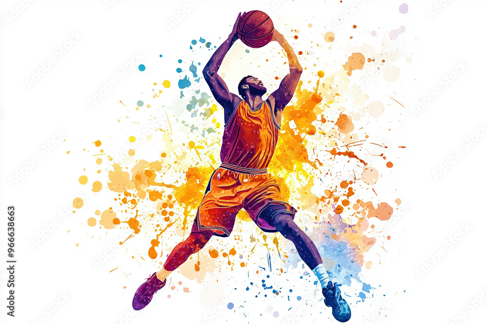 Dynamic basketball player leaps to make a slam dunk, surrounded by vibrant splashes of color, showcasing athleticism and energy. Dynamic basketball player leaps to make a slam dunk, surrounded by vibrant splashes of color, showcasing athleticism and energy.