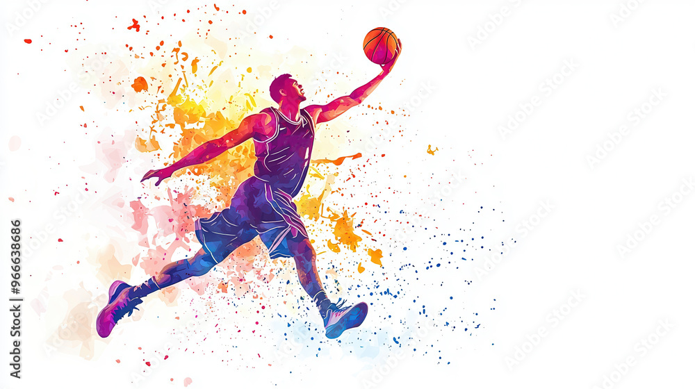Dynamic basketball player making an impressive dunk, depicted in vibrant colors and an artistic style, capturing the energy of the sport.