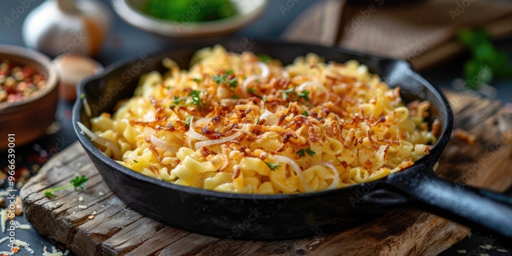 Cheese Spaetzle Topped with Crispy Onions Presented in a Cast Iron Skillet on a Wooden Surface Cheese Spaetzle Topped with Crispy Onions Presented in a Cast Iron Skillet on a Wooden Surface