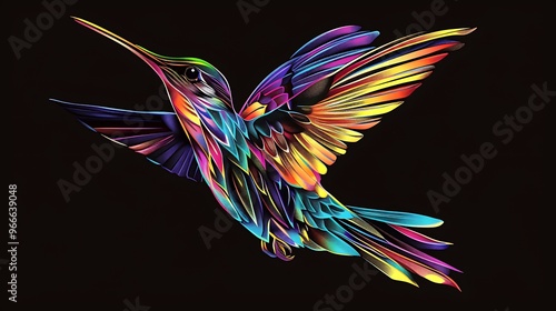 Unique rainbow hummingbird design with colorful, multicolored plumage that can be used for tattoos and logos