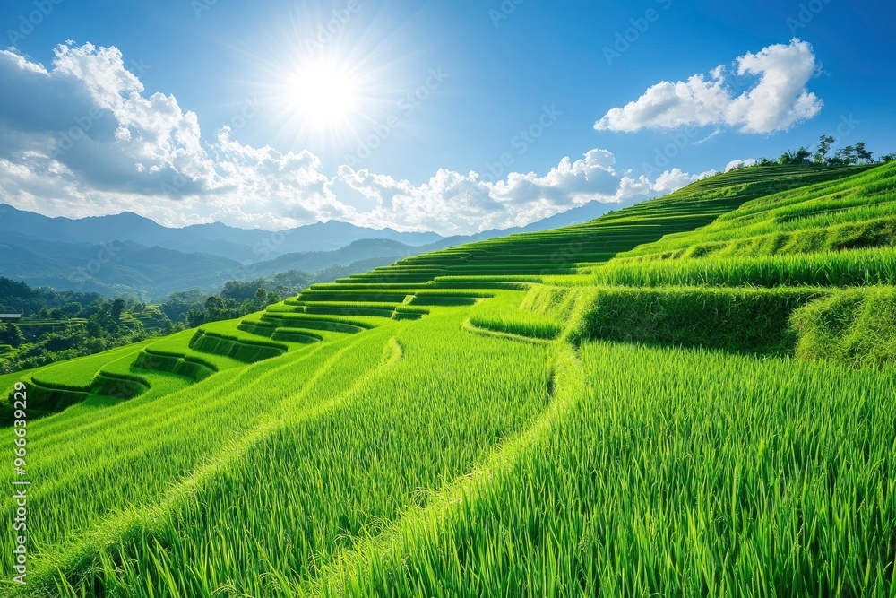 A lush rice paddy field with neat, under a bright, sunny sky, green rows stretching into the horizon , ai A lush rice paddy field with neat, under a bright, sunny sky, green rows stretching into the horizon , ai