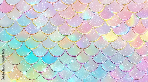 Rainbow scales background with kawaii mermaid princess pattern. Fish tail banner with magic sparkles and stars. Sea fantasy invitation for girlie party. Nice pearlescent backdrop with rainbow scales