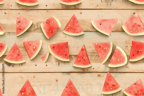 Juicy watermelon slices on a wooden table, glistening with freshness, seeds scattered, vibrant summer feel photo