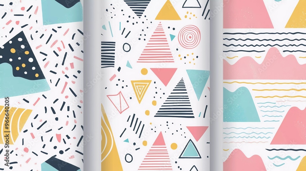 Set of 3 Cute Abstract Geometric Vector Patterns. Light Multicolor Design. Stripes, Triangles and Waves. White Background. Irregular Infantile Style Waves. Blue, Pink, Yellow, Green and White Nice des