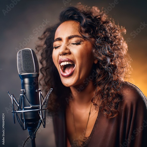 femme, chanteuse,  qui chante dans un micro sur scène en image ia photo