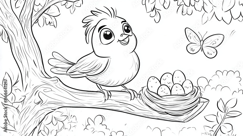 Fototapeta premium A cheerful bird stands on a branch with a nest of eggs, enjoying a sunny day in a vibrant nature scene, ideal for children's creativity