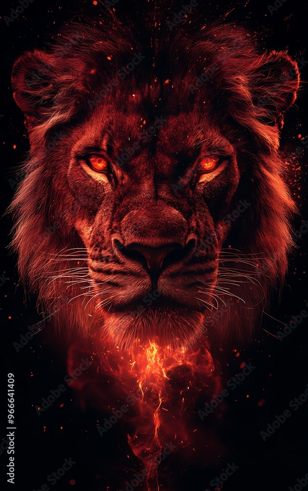 Fototapeta premium A fiery red lion with glowing eyes stares intensely at the viewer, flames emanating from its chest.