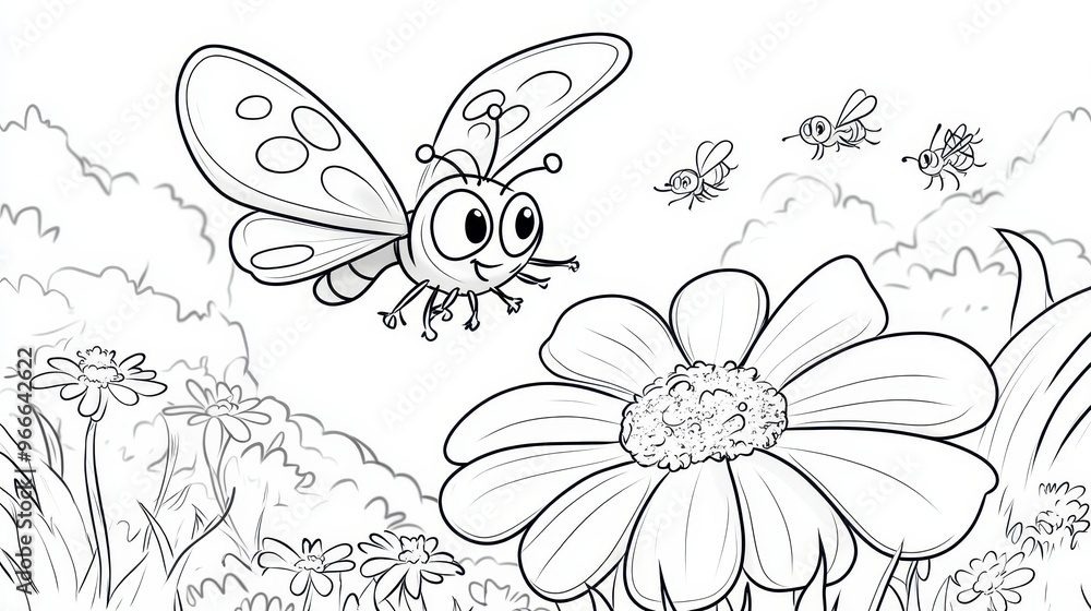 Obraz premium A cheerful butterfly flies over a large flower while bees buzz nearby in a colorful kindergarten coloring page for young artists