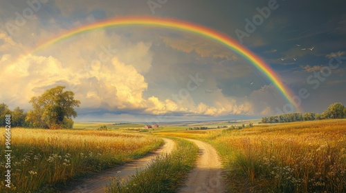 Landscape with country road and rainbow