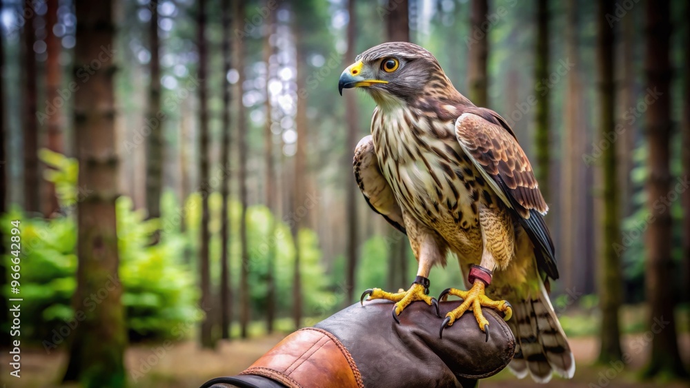Fototapeta premium Traditional trained hawk perched on a falconer's glove in a forest setting, hawk, trained, traditional, falconry