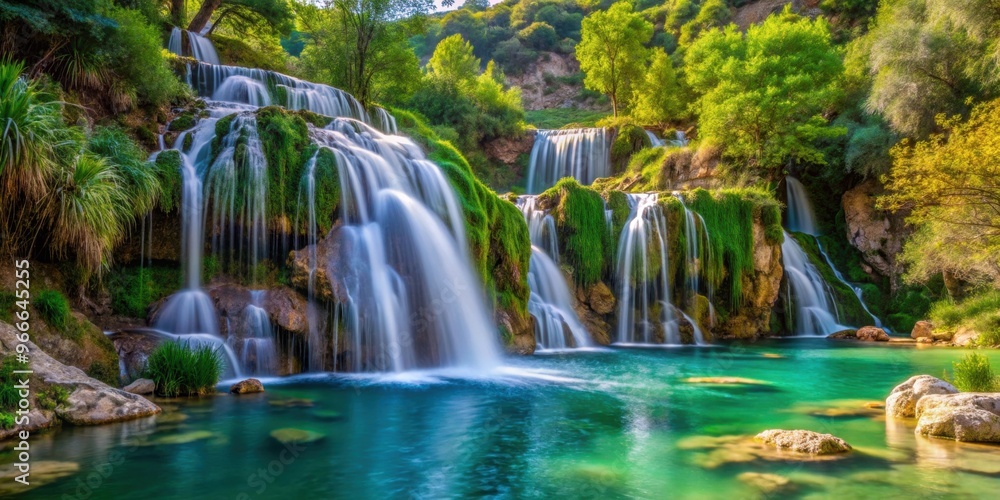 Fototapeta premium Crystal clear waterfalls cascading through lush green foliage at Les Fonts d`Algar near Benidorm