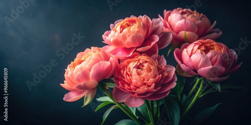 Fototapeta Naklejka Na Ścianę i Meble -  Close up of coral peonies on dark background, coral, peonies, bouquet, beautiful, close up, dark, background, flowers, floral