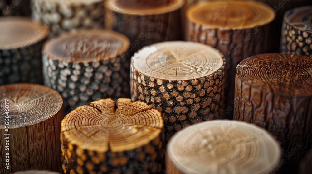 Close-up of round wooden logs with different bark textures. Close-up of round wooden logs with different bark textures.