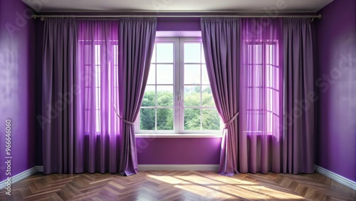 Purple curtains hanging along window with wide sill, illuminated by daylight in cool tones, purple, curtains photo