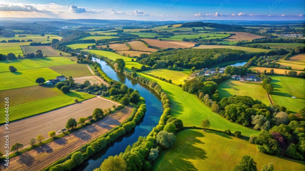 Aerial view of River Itchen valley and surrounding rural landscape in Hampshire, UK, aerial, view, River Itchen, valley Aerial view of River Itchen valley and surrounding rural landscape in Hampshire, UK, aerial, view, River Itchen, valley