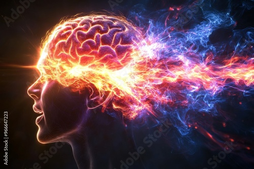 Computational neuroscience quantum cognition and brain machine interface fiery brain with energy streams visualizing neural activity cognitive function and mental power photo