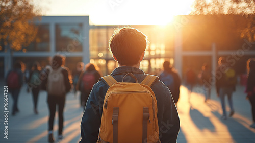 A high school student on campus wears a yellow backpack and faces away from the camera