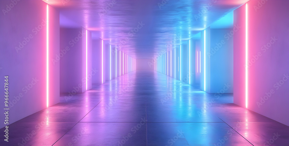 A modern corridor illuminated with vibrant neon lights in pink and blue, creating a futuristic and captivating atmosphere. A modern corridor illuminated with vibrant neon lights in pink and blue, creating a futuristic and captivating atmosphere.