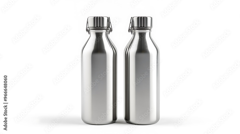 Set of Three Stainless Steel Water Bottles with Matte Finish on White Background - Front View Set of Three Stainless Steel Water Bottles with Matte Finish on White Background - Front View