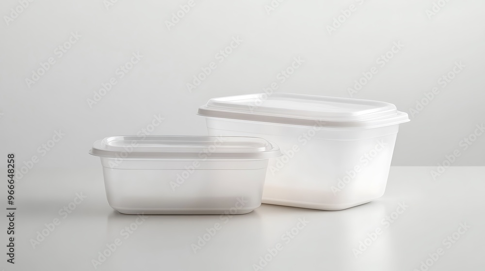 Set of Three Unlabeled Plastic Food Containers with Lids on Glossy White Background, Front View Set of Three Unlabeled Plastic Food Containers with Lids on Glossy White Background, Front View