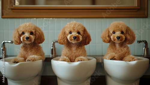 Three adorable poodles sit playfully in sinks, showcasing their fluffy coats and charming expressions in a cozy bathroom setting. photo