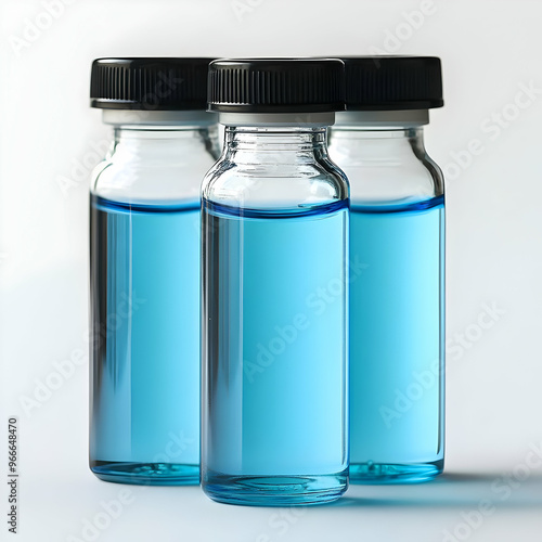 Three glass vials filled with vibrant blue liquid, ideal for medical, laboratory, or scientific imagery.