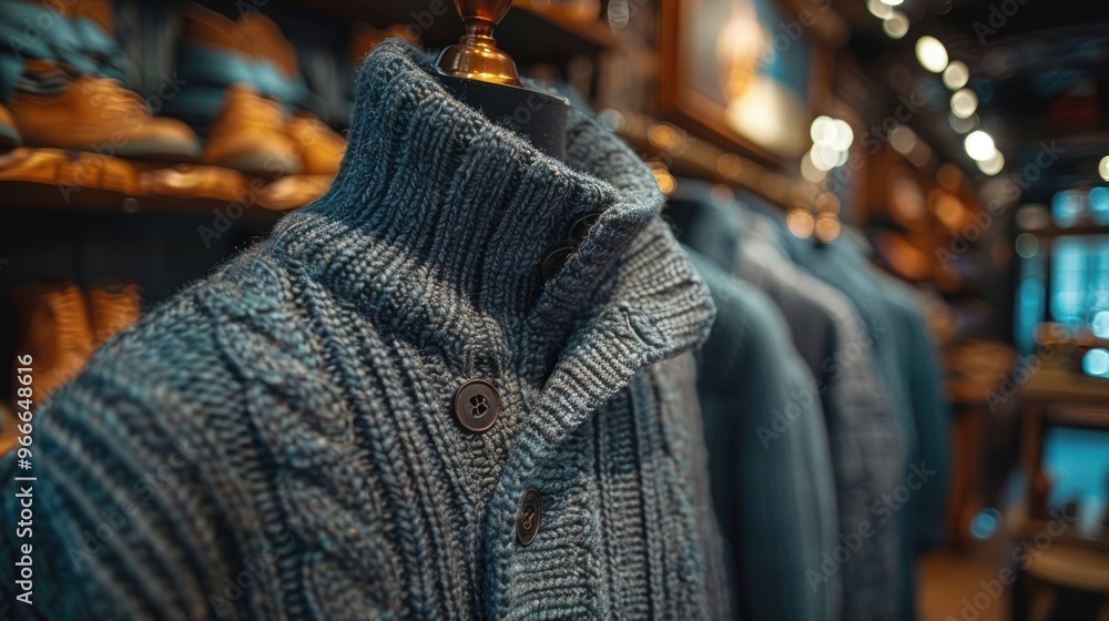 A close-up of a grey cable-knit cardigan displayed on a mannequin in a store. A close-up of a grey cable-knit cardigan displayed on a mannequin in a store.